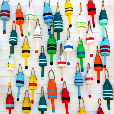 Colorful lobster trap buoys